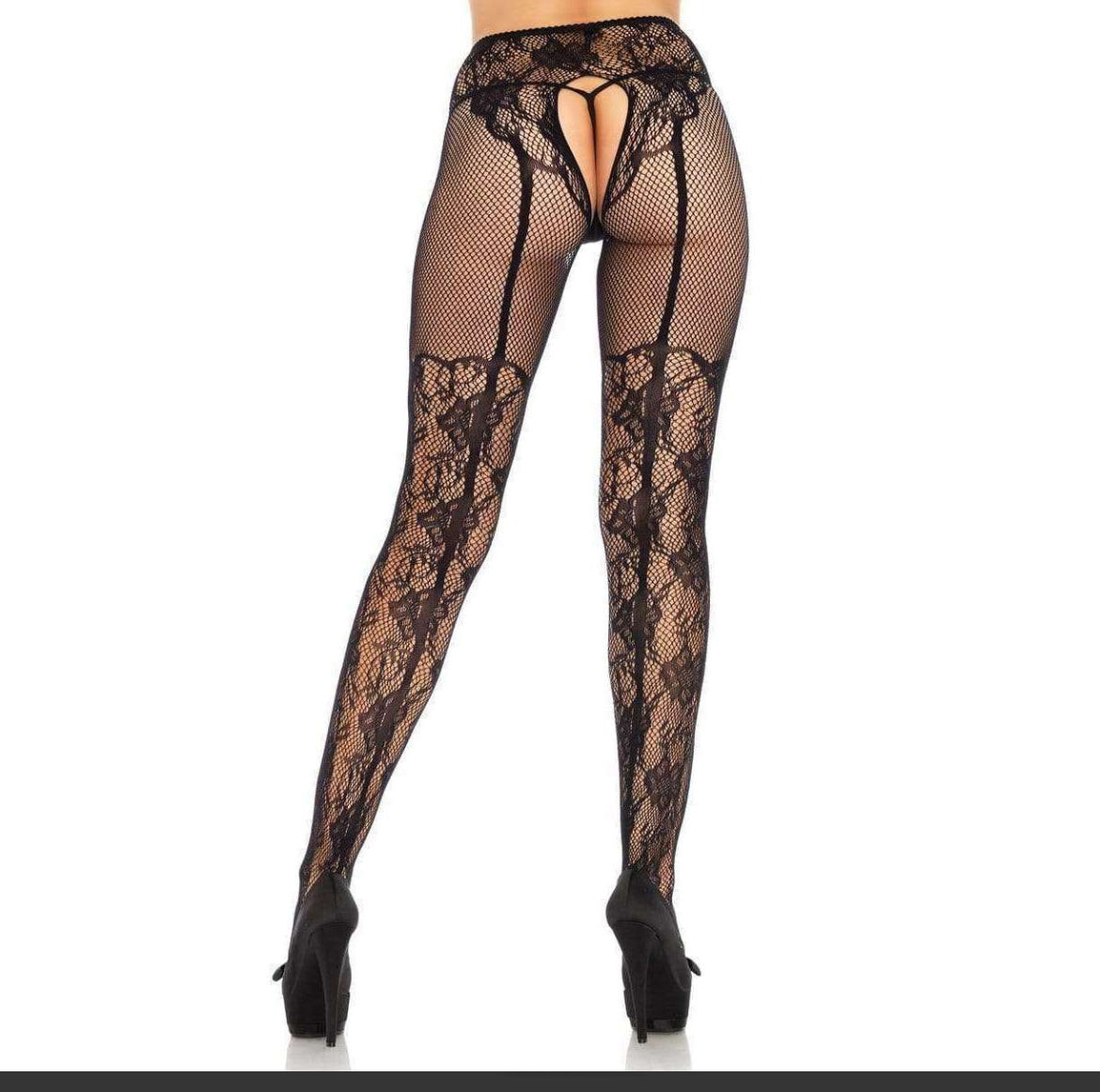 Fleur De Lace Suspender Illusion Crotchless Tights W/ Bow Accent