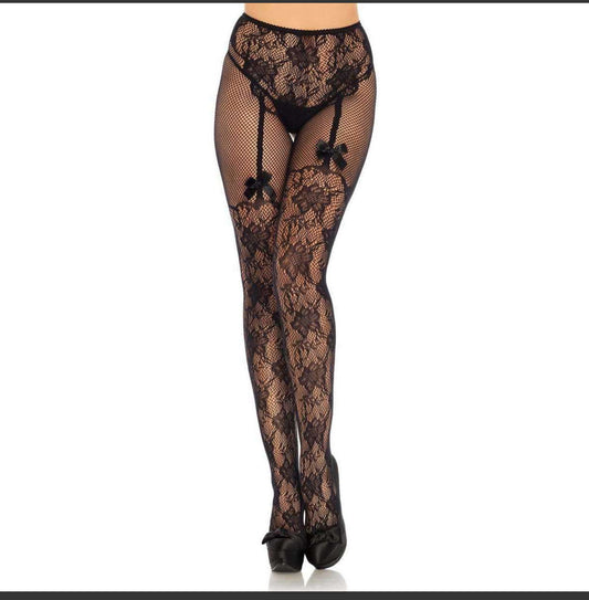 Fleur De Lace Suspender Illusion Crotchless Tights W/ Bow Accent